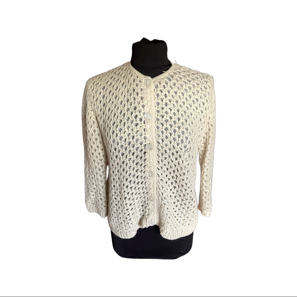 Vintage 60s tan button up sweater with silk interior